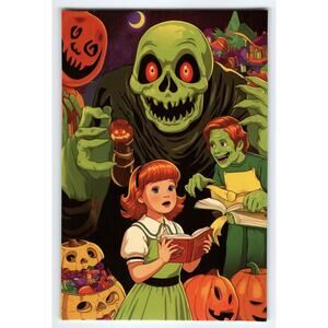 Vintage Halloween Photochrome Postcard with Spooky Skeleton & Kids